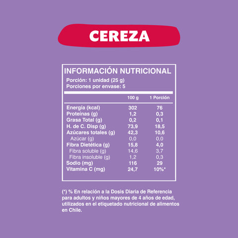 Cuadro con la información nutricional de la barra de frutas Wild Kids sabor cereza (5 unidades).