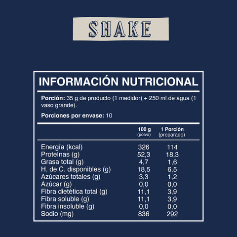 Cuadro con la información nutricional del shake de proteina vegetal en polvo sabor chocolate 350g.