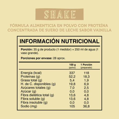 Cuadro con la información nutricional del shake con proteina sabor vainilla. 