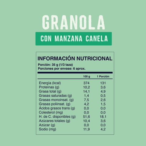 Cuadro con la información nutricional de la granola con manzana y canela Wild Soul.