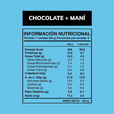 Cuadro con la información nutricional de la barrita Way Bar de chocolate y maní