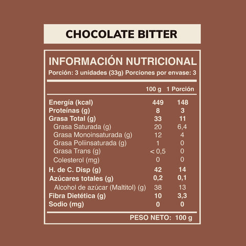Cuadro con la información nutricional de la barra de chocolate bitter 60% cacao 100 grs.
