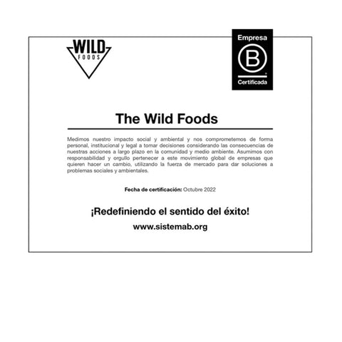 Certificado que indica que Wild Foods es empresa B. 