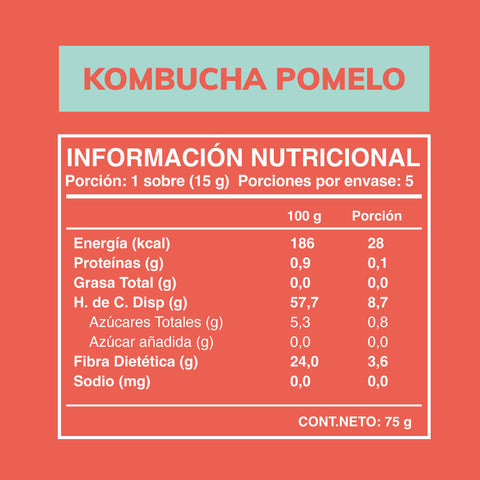 Cuadro con la información nutricional de la kombucha Wild Foods sabor pomelo (5 unidades de 15gr).
