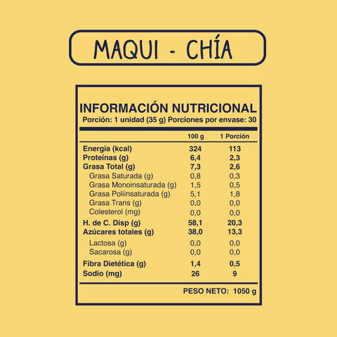 Cuadro con la información nutricional de la barrita de cereal Wild Soul sabor maqui y chía (30 unidades)