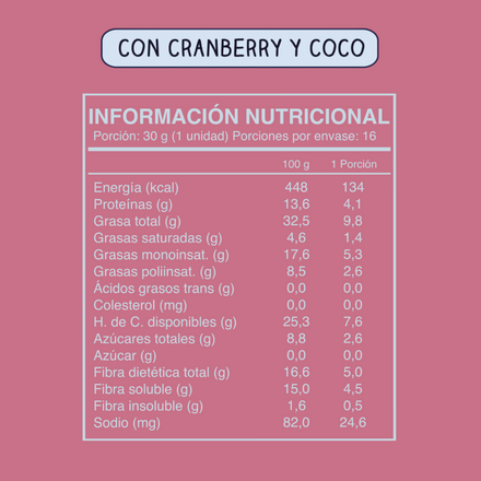 Barra Frutos Secos Cranberry Coco 16 unidades