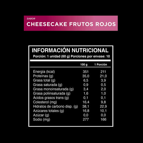 Cuadro con la información nutricional de la barrita con proteína sabor cheesecake frutos rojos (10 unidades de 60gr).