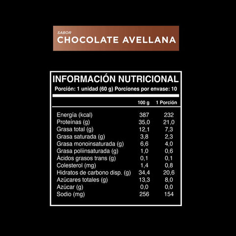 Cuadro con la información nutricional de la barrita alta en proteina Wild Protein Pro sabor chocolate y avellana (10 unidades).