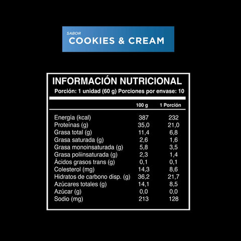 Cuadro con la información nutricional de la barrita con proteina Wild Protein Pro sabor cookies & cream (10 unidades de 60gr).