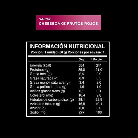 Cuadro con la información nutricional de la barrita de proteina Wild Protein Pro sabor cheesecake frutos rojos (4 unidades).