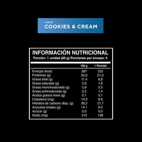Cuadro con la información nutricional de la barrita de proteina sabor cookies & cream Wild Protein (4 unidades).