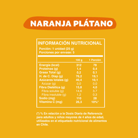 Cuadro con la información nutricional de la barrita de fruta sabor naranja y plátano (5 unidades).