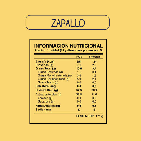Cuadro con la información nutricional de la barrita Soul Bar sabor zapallo (5 unidades).