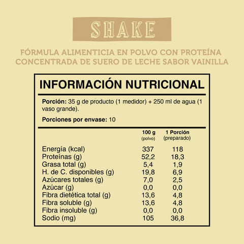 Cuadro con la información nutricional del shake con proteina sabor vainilla. 
