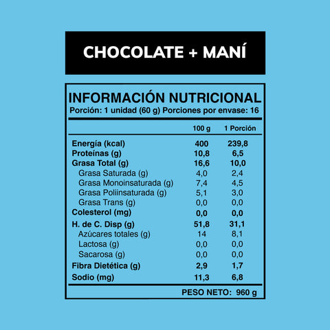 Cuadro con la información nutricional de la barrita Way Bar de chocolate y maní 