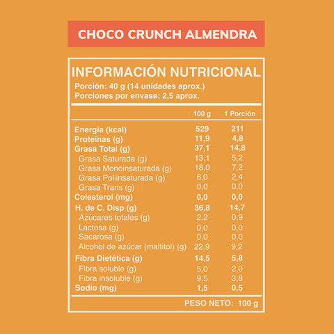 Cuadro con la información nutricional del snack almendras con chocolate Choco Crunch Wild Fit 100gr.