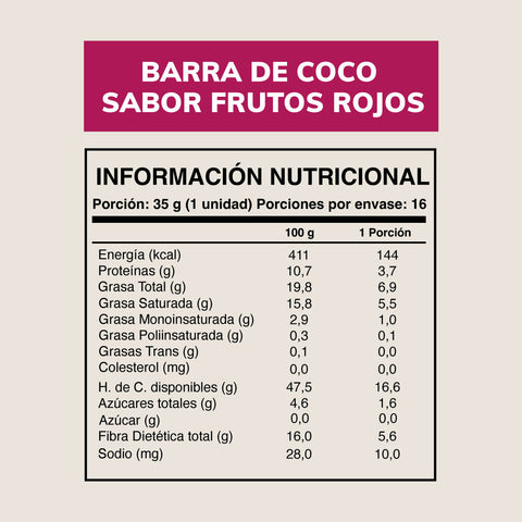 Cuadro con la información nutricional de barrita de coco sabor frutos rojos Wild Fit (16 unidades de 35gr).