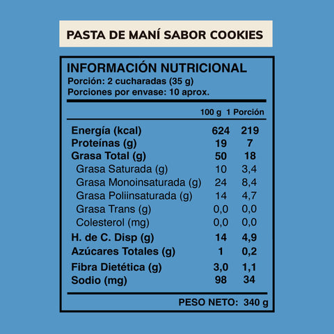 Cuadro con la información nutricional de la pasta de maní sabor cookies (340 gr.)