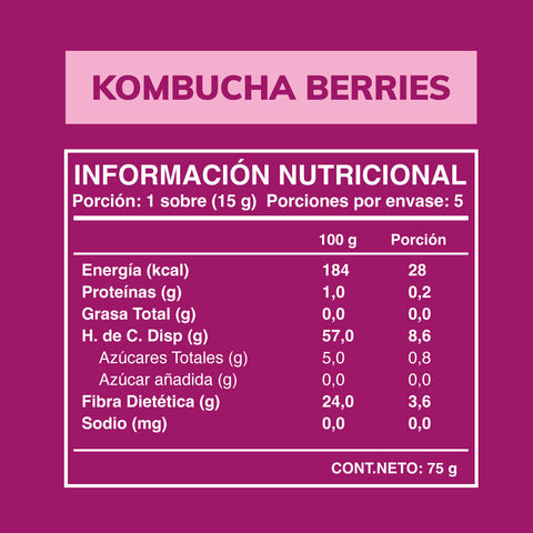 Cuadro con la información nutricional de la kombucha Wild Foods sabor berries (5 unidades de 15gr).