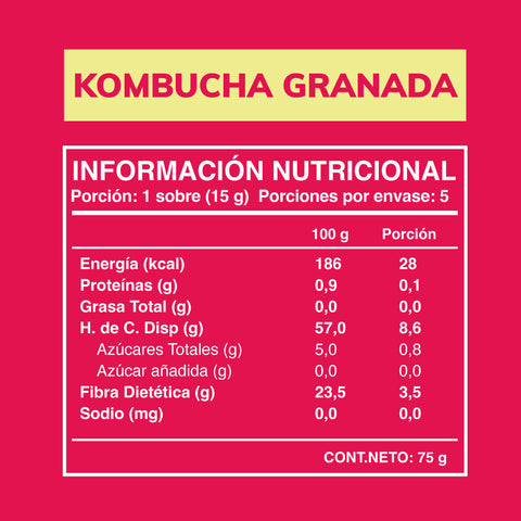Cuadro con la información nutricional de la kombucha Wild Foods sabor granada 