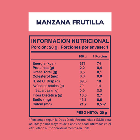 Cuadro con la información nutricional de los chips Wild Soul sabor manzana y frutilla 20 gr.
