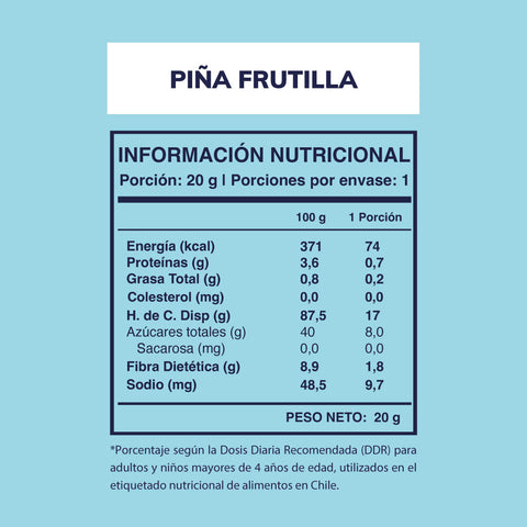 Cuadro con la información nutricional de los chips Wild Soul sabor piña frutilla (20 gr).