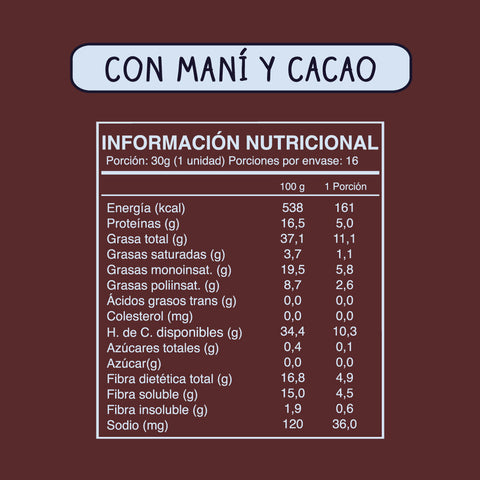 Cuadro con la información nutricional de la barrita de maní y cacao Wild Soul (16 unidades).